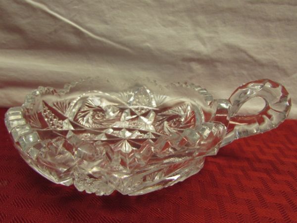 BRILLIANT WHIRLING STAR CUT GLASS BOWL, DEPRESSION GLASS, CRYSTAL, TABLE LINENS & MORE