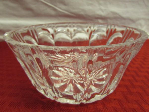 BRILLIANT WHIRLING STAR CUT GLASS BOWL, DEPRESSION GLASS, CRYSTAL, TABLE LINENS & MORE