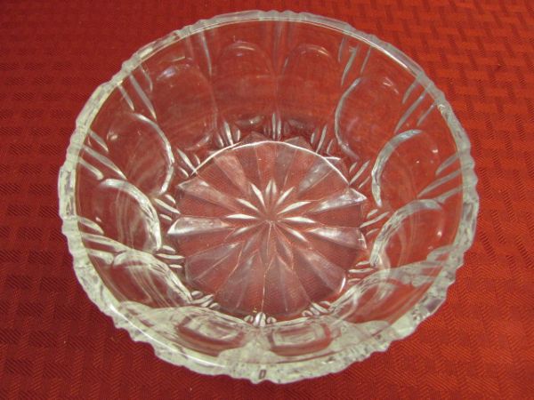 BRILLIANT WHIRLING STAR CUT GLASS BOWL, DEPRESSION GLASS, CRYSTAL, TABLE LINENS & MORE