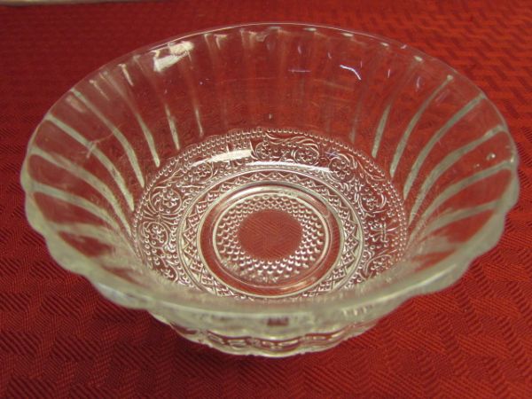 BRILLIANT WHIRLING STAR CUT GLASS BOWL, DEPRESSION GLASS, CRYSTAL, TABLE LINENS & MORE