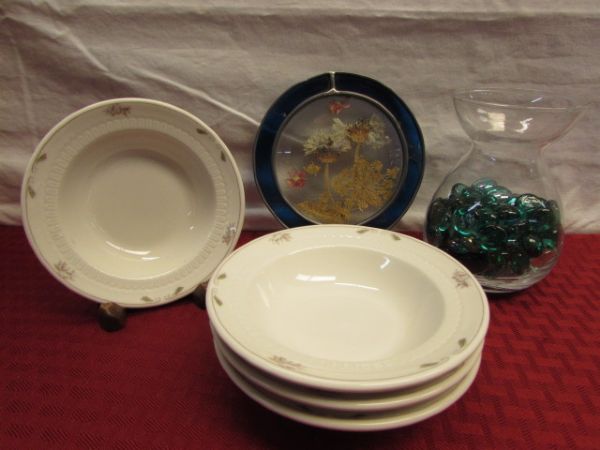 BRILLIANT WHIRLING STAR CUT GLASS BOWL, DEPRESSION GLASS, CRYSTAL, TABLE LINENS & MORE