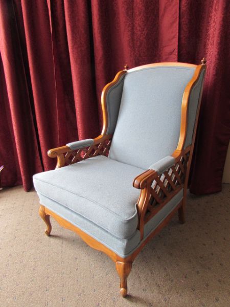 SKY BLUE UPHOLSTERED WING-BACK CHAIR WITH WOODEN FRAME