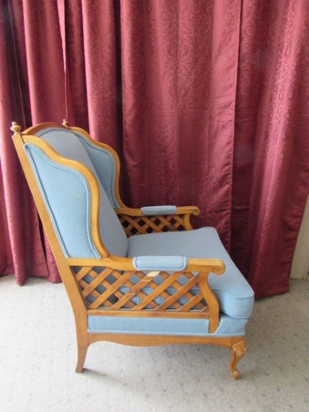 SKY BLUE UPHOLSTERED WING-BACK CHAIR WITH WOODEN FRAME