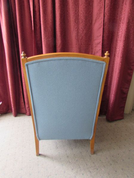 SKY BLUE UPHOLSTERED WING-BACK CHAIR WITH WOODEN FRAME