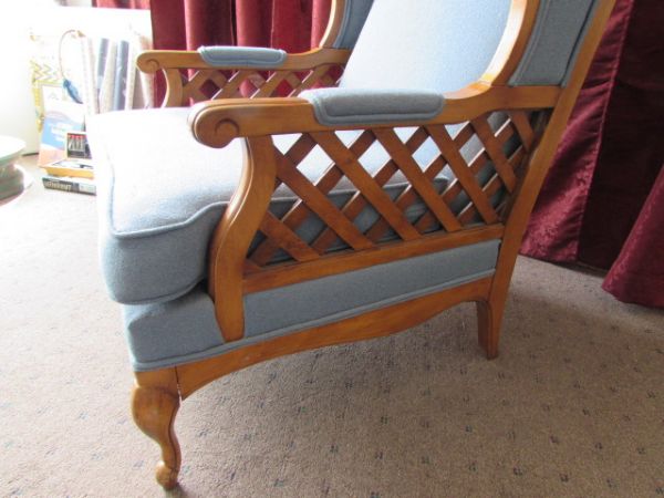 SKY BLUE UPHOLSTERED WING-BACK CHAIR WITH WOODEN FRAME