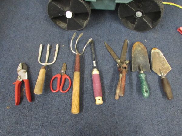 SEED SPREADER AND PLASTIC CART WITH GARDEN TOOLS