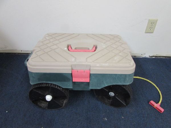 SEED SPREADER AND PLASTIC CART WITH GARDEN TOOLS