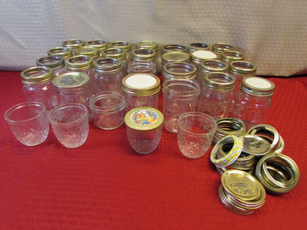 THIRTY TWO MASON JARS - BALL & KERR PLUS RINGS & LIDS 