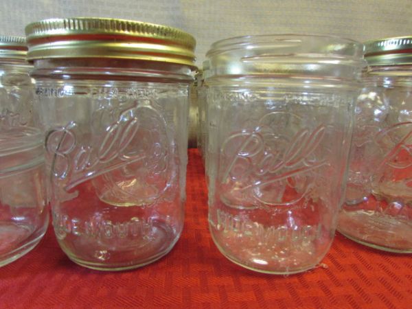 THIRTY TWO MASON JARS - BALL & KERR PLUS RINGS & LIDS 