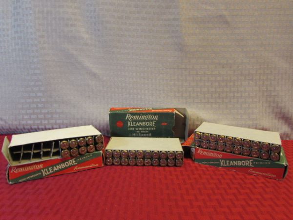 308 AMMO - 2 1/2 BOXES REMINGTON KLEANBORE, A BOX OF WINCHESTER SILVERTIP & CARTRIDGES