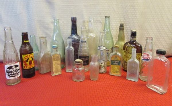 ANTIQUE/VINTAGE GLASS BOTTLES - LOTS OF LABLES INTACT - ACME BEER, WATKINS, MASON'S ROOTBEER, NESBITTS, & MORE