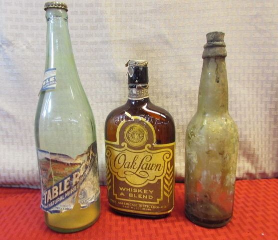 ANTIQUE/VINTAGE GLASS BOTTLES - LOTS OF LABLES INTACT - ACME BEER, WATKINS, MASON'S ROOTBEER, NESBITTS, & MORE