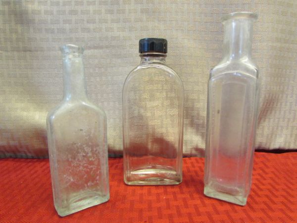 ANTIQUE/VINTAGE GLASS BOTTLES - LOTS OF LABLES INTACT - ACME BEER, WATKINS, MASON'S ROOTBEER, NESBITTS, & MORE