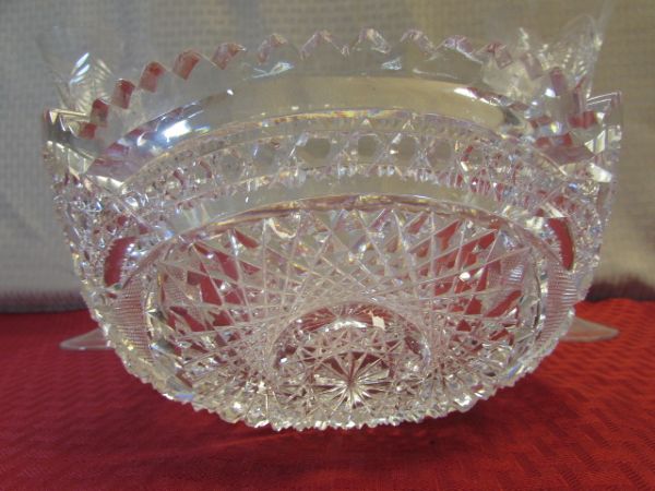 EXQUISITE LEAD CRYSTAL SALAD BOWL & TWO TALL CRYSTAL GOBLETS