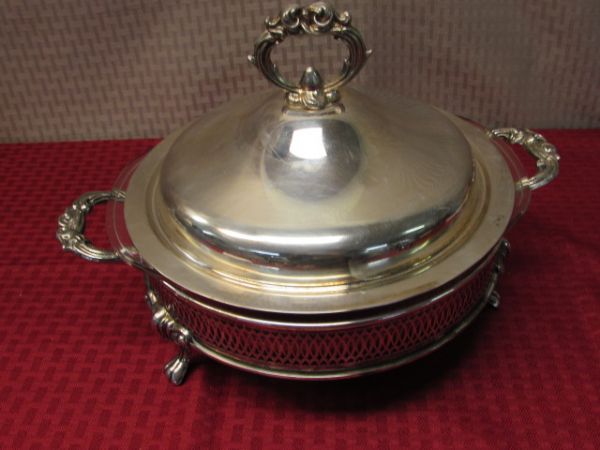 VERY PRETTY SILVER PLATE FOOTED SERVER WITH PYREX BOWL INSERT