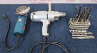 HEAVY DUTY  1/2" DRILL, BOSCH 4 1/2" GRINDER & A SELECTION OF BITS