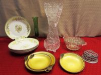 LEAD CRYSTAL DISH, STUNNING 12" CUT GLASS VASE, ANTIQUE GLASS BOWL WITH FLORAL ARRANGING FROG, CHINA & MORE