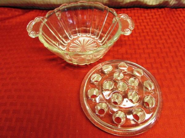 LEAD CRYSTAL DISH, STUNNING 12 CUT GLASS VASE, ANTIQUE GLASS BOWL WITH FLORAL ARRANGING FROG, CHINA & MORE