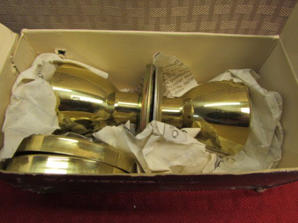 FOUR NEW IN BOX DOOR KNOB SETS WITH HARDWARE - POLISHED BRASS!
