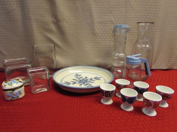 CUTE RETRO ARABIA MADE IN FINLAND EGG CUPS, GLAZED STONE WARE DISH, GLASS STORAGE CONTAINERS & MORE 