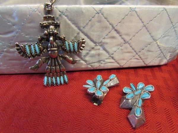 TWO JEWELRY BOXES & A COLLECTION OF VINTAGE JEWELRY - ENAMEL FLOWERS, AVON LILIES, SEMI PRECIOUS STONES & . . .