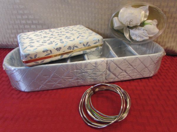 TWO JEWELRY BOXES & A COLLECTION OF VINTAGE JEWELRY - ENAMEL FLOWERS, AVON LILIES, SEMI PRECIOUS STONES & . . .