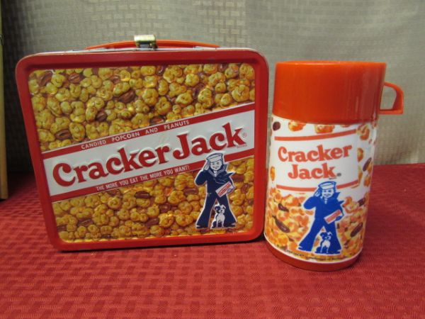 COLLECTIBLE VINTAGE CRAKER JACK LUNCH BOX WITH THERMOS