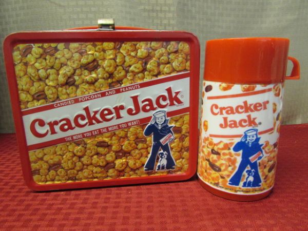 COLLECTIBLE VINTAGE CRAKER JACK LUNCH BOX WITH THERMOS