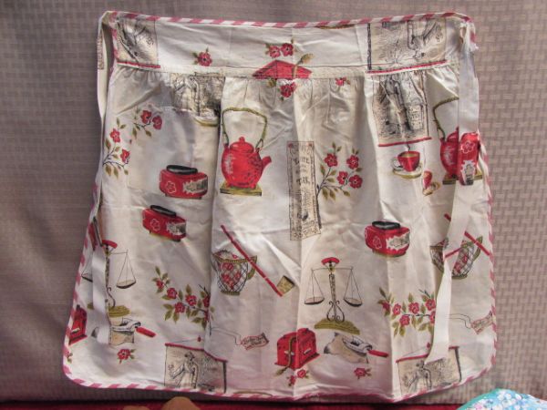 CLASSY COOK!  SIX FABULOUS VINTAGE APRONS. . .YOU WILL WANT TO WEAR THEM OUTSIDE THE KITCHEN TOO!