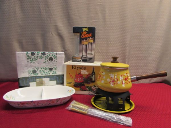 FONDUE PARTY!!!!  NIB ELYSEE PORCELAIN ENAMEL FONDUE SET, CORNING CANDLES, NEW TOWELS & DIVIDED DISH 