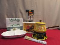 FONDUE PARTY!!!!  NIB ELYSEE PORCELAIN ENAMEL FONDUE SET, CORNING CANDLES, NEW TOWELS & DIVIDED DISH 