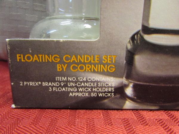 FONDUE PARTY!!!!  NIB ELYSEE PORCELAIN ENAMEL FONDUE SET, CORNING CANDLES, NEW TOWELS & DIVIDED DISH 