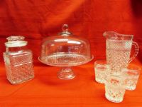BEAUTIFUL VINTAGE WEXFORD PRESSED GLASS!   NIB FOOTED CAKE PLATE W/DOME, PITCHER, GLASSES & CANISTER 