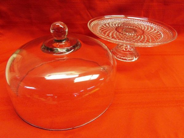 BEAUTIFUL VINTAGE WEXFORD PRESSED GLASS!   NIB FOOTED CAKE PLATE W/DOME, PITCHER, GLASSES & CANISTER 