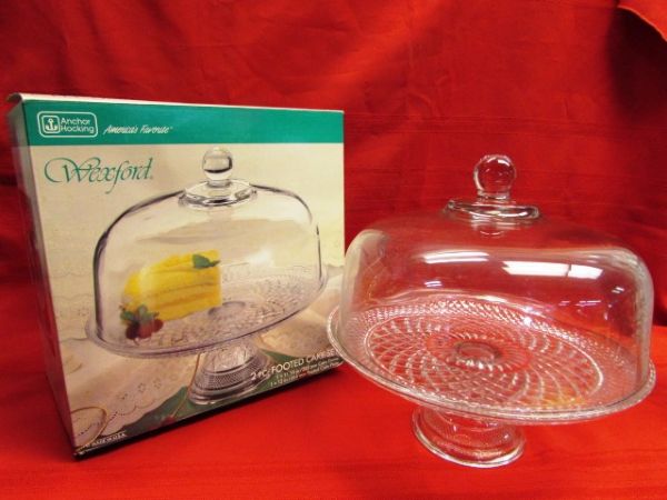 BEAUTIFUL VINTAGE WEXFORD PRESSED GLASS!   NIB FOOTED CAKE PLATE W/DOME, PITCHER, GLASSES & CANISTER 