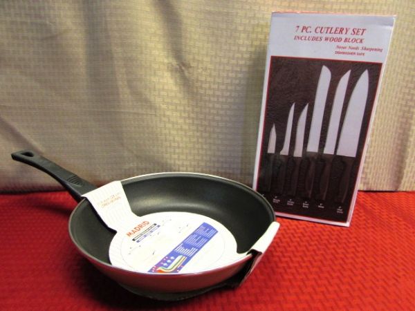 NEW MADRID PORCELAIN ON STEEL FRY PAN & NIB 7 PIECE CUTLERY SET