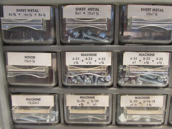 TWENTY FIVE DRAWER HARDWARE CABINET, VARIOUS SCREWS, NUTS, WASHERS & COTTER PINS