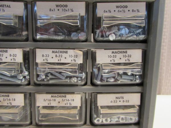 TWENTY FIVE DRAWER HARDWARE CABINET, VARIOUS SCREWS, NUTS, WASHERS & COTTER PINS