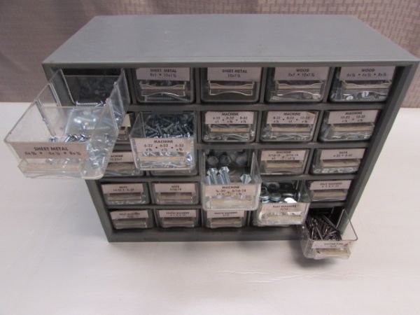 TWENTY FIVE DRAWER HARDWARE CABINET, VARIOUS SCREWS, NUTS, WASHERS & COTTER PINS