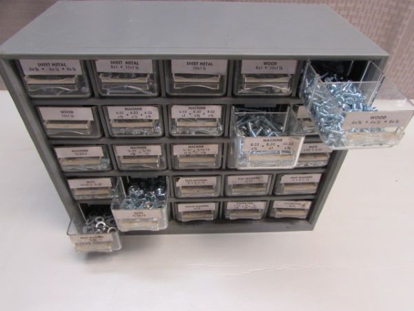 TWENTY FIVE DRAWER HARDWARE CABINET, VARIOUS SCREWS, NUTS, WASHERS & COTTER PINS