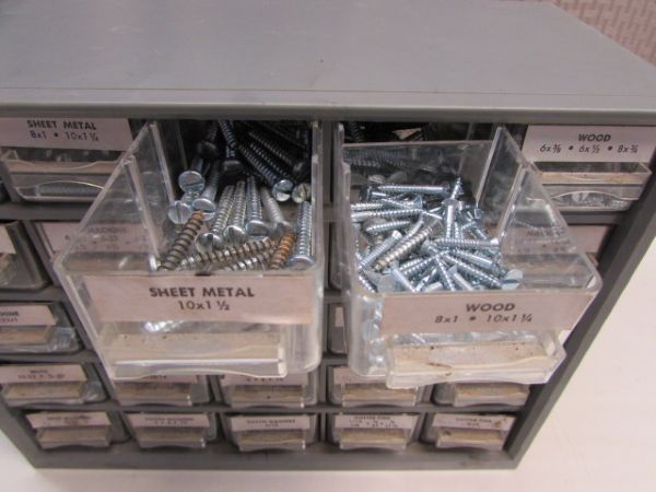 TWENTY FIVE DRAWER HARDWARE CABINET, VARIOUS SCREWS, NUTS, WASHERS & COTTER PINS