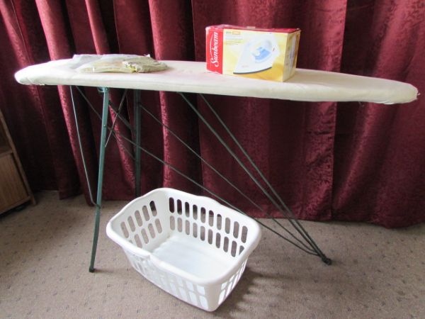 VINTAGE RID JID COLLAPSABLE IRONING BOARD, NIB SUNBEAM IRON, HAMPER, NEW IRONING BOARD COVERS & MORE