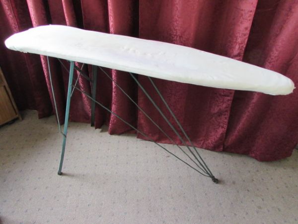 VINTAGE RID JID COLLAPSABLE IRONING BOARD, NIB SUNBEAM IRON, HAMPER, NEW IRONING BOARD COVERS & MORE