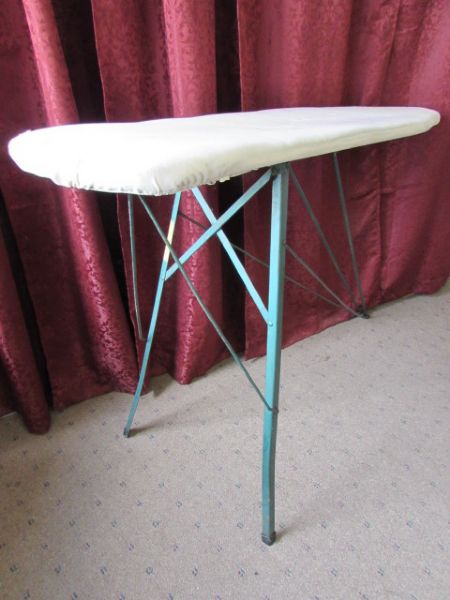 VINTAGE RID JID COLLAPSABLE IRONING BOARD, NIB SUNBEAM IRON, HAMPER, NEW IRONING BOARD COVERS & MORE