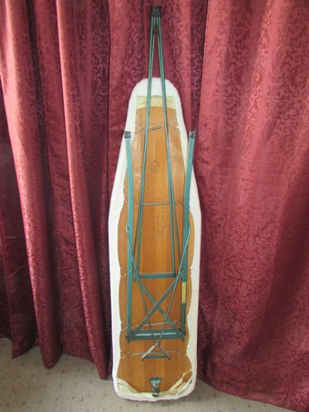 VINTAGE RID JID COLLAPSABLE IRONING BOARD, NIB SUNBEAM IRON, HAMPER, NEW IRONING BOARD COVERS & MORE