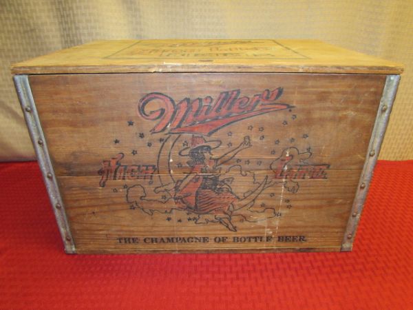 AWESOME VINTAGE MILLER HIGH LIFE WOOD CRATE WITH BOTTLE CAP CHECKER BOARD LID 