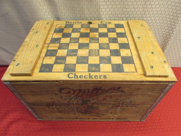 AWESOME VINTAGE MILLER HIGH LIFE WOOD CRATE WITH BOTTLE CAP CHECKER BOARD LID 