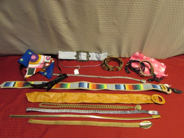 A BELT FOR EVERY OCCASION!  LARGE ASSORTMENT OF VINTAGE LADIES BELTS - FUR, SNAKE SKIN & MORE