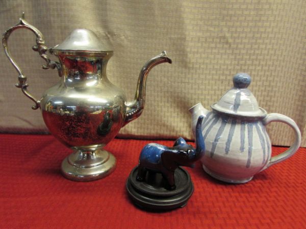 VINTAGE W&S BLACKINTON SILVER PLATE TEA POT, GLAZED POTTER TEA POT & BEAUTIFUL BLUE ELEPHANT FIGURINE