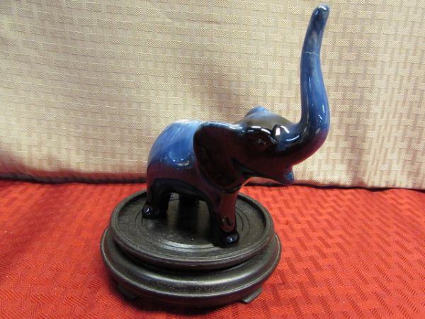 VINTAGE W&S BLACKINTON SILVER PLATE TEA POT, GLAZED POTTER TEA POT & BEAUTIFUL BLUE ELEPHANT FIGURINE